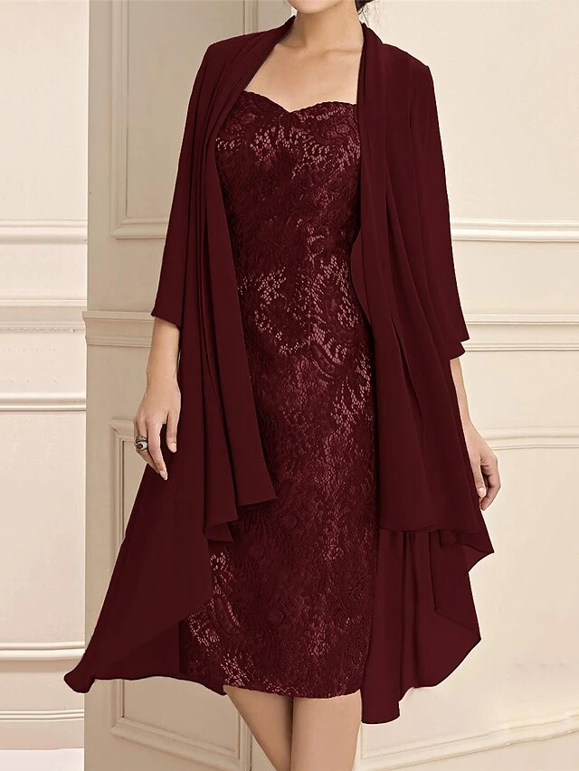 Women's Two Piece Dress Set Party Dress Lace Dress Party Outdoor Fashion Streetwear Lace Patchwork Midi Dress V Neck 3/4 Length Sleeve Plain Regular Fit Wine Fall Winter S M L XL XXL 2 Women's Two Piece Dress Set Party Dress Lace Dress Party Outdoor Fashion Streetwear Lace Patchwork Midi Dress V Neck 3/4 Length Sleeve Plain Regular Fit Wine Fall Winter S M L XL XXL - Image 2