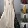 Women's Casual Dress Cotton Linen Dress A Line Dress Maxi Long Dress Cotton Blend Basic Modern Outdoor Daily V Neck Pocket Sleeveless Summer Spring 2023 Regular Fit ArmyGreen Black Yellow Pure Color