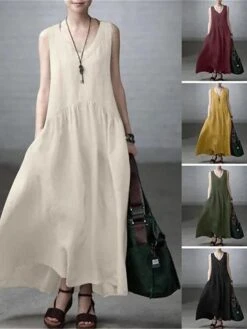 Women's Casual Dress Cotton Linen Dress A Line Dress Maxi Long Dress Cotton Blend Basic Modern Outdoor Daily V Neck Pocket Sleeveless Summer Spring 2023 Regular Fit ArmyGreen Black Yellow Pure Color