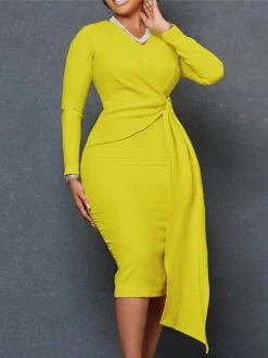 Women‘s Plus Size Curve Work Dress Solid Color V Neck Long Sleeve Fall Winter Elegant Formal Knee Length Dress Formal Date Dress -HAYz Clothing Shop ehccwk1663308378209