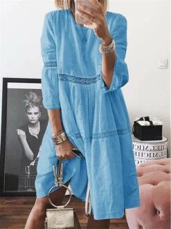 Women's Casual Dress Cotton Linen Dress Swing Dress Midi Dress Cotton Blend Basic Classic Outdoor Daily Weekend Crew Neck Eyelet 3/4 Length Sleeve Summer Spring Fall 2023 Loose Fit White Yellow Blue -HAYz Clothing Shop ehcoii1688457198804