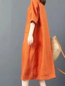 Women's Shirt Dress Casual Dress Cotton Dress Midi Dress Cotton Basic Classic Outdoor Daily Vacation Shirt Collar Button Pocket Half Sleeve Spring Fall Winter 2023 Loose Fit ArmyGreen Orange Plain S -HAYz Clothing Shop ehgzcs1692695052138