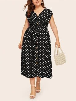 Women‘s Plus Size Curve Flattering Dresses Elegant Apple Shaped Dress Casual Dress A Line Dress Polka Dot Midi Dress Sleeveless Print V Neck Fashion Daily Black White Spring Summer Dress -HAYz Clothing Shop ehigpd1672800406396
