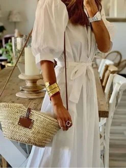 Women's Shirt Dress Casual Dress Swing Dress Maxi Long Dress Polyester Fashion Modern Office Daily Date Shirt Collar Ruched Tie Belt Half Sleeve Summer Spring Fall 2023 Regular Fit Black White Pure -HAYz Clothing Shop ehlywe1684399180360