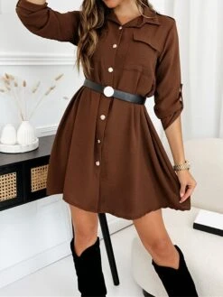 Women's Shirt Dress Casual Dress Mini Dress Outdoor Daily Vacation Cotton Fashion Modern Shirt Collar Button Pocket Long Sleeve Fall Winter 2023 Regular Fit Black Brown Green Pure Color XS S M L XL -HAYz Clothing Shop ehrsot1695813912738