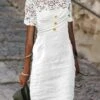 Women's Casual Dress Cotton Linen Dress Shift Dress Midi Dress Cotton Blend Fashion Basic Outdoor Daily Vacation Crew Neck Lace Patchwork Short Sleeve Summer Spring 2023 Regular Fit Black White Plain