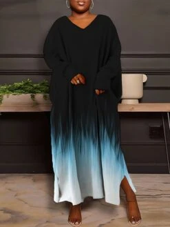 Women's Plus Size Curve Casual Dress Sweatshirt Dress Winter Dress Floral Gradient Long Dress Maxi Dress Long Sleeve Split Print V Neck Fashion Outdoor Pink Blue Fall Winter L XL XXL 3XL 4XL -HAYz Clothing Shop ehwooh1693386776433