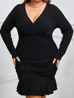 Women's Plus Size Curve Party Dress Bodycon Sheath Dress Plain Midi Dress Long Sleeve Ruched Ruffle V Neck Fashion Party Black Fall Winter XL XXL 3XL -HAYz Clothing Shop eihvcp1695026156798