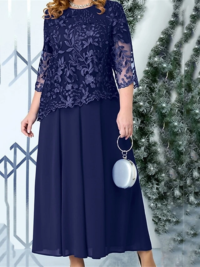 Women's Plus Size Party Dress Lace Dress Cocktail Dress Midi Dress Navy Blue 3/4 Length Sleeve Pure Color Lace Spring Fall Winter Crew Neck Fashion Winter Dress Wedding Guest Vacation 2023 L XL XXL 1 Women's Plus Size Party Dress Lace Dress Cocktail Dress Midi Dress Navy Blue 3/4 Length Sleeve Pure Color Lace Spring Fall Winter Crew Neck Fashion Winter Dress Wedding Guest Vacation 2023 L XL XXL