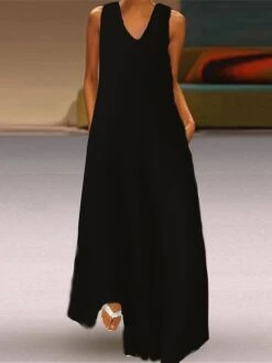 Women's Casual Dress Cotton Linen Dress Swing Dress Maxi Long Dress Cotton Blend Basic Modern Outdoor Daily Vacation V Neck Basic Sleeveless Summer Spring 2023 Regular Fit Black Wine Khaki Plain S M -HAYz Clothing Shop ejkszm1686038680785