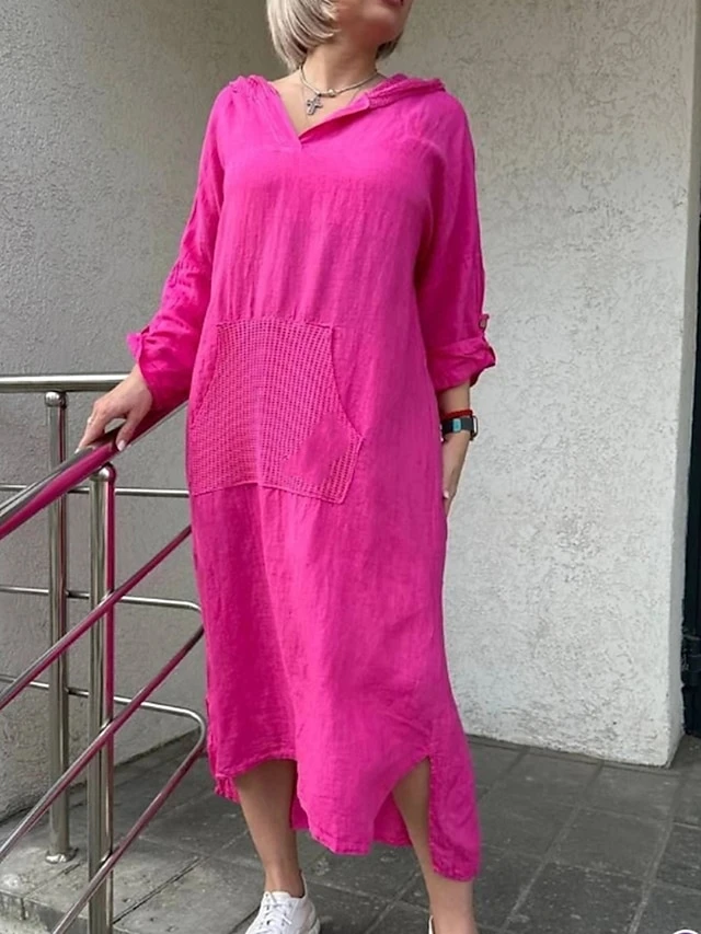 Women's Casual Dress Cotton Dress Shift Dress Midi Dress Cotton Daily Classic Outdoor Daily Vacation Hooded Pocket Basic Long Sleeve Spring Fall Winter 2023 Loose Fit Yellow Purple Green Plain S M L 2 Women's Casual Dress Cotton Dress Shift Dress Midi Dress Cotton Daily Classic Outdoor Daily Vacation Hooded Pocket Basic Long Sleeve Spring Fall Winter 2023 Loose Fit Yellow Purple Green Plain S M L - Image 2