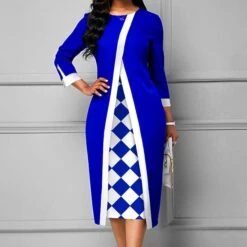 Women‘s Plus Size Curve Party Dress Plaid Crew Neck Print Long Sleeve Winter Fall Elegant Prom Dress Midi Dress Formal Party Dress -HAYz Clothing Shop ekdhts1639986913735