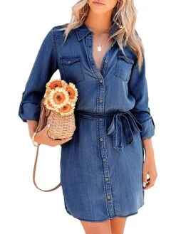 Women's Shirt Dress Casual Dress Mini Dress Outdoor Daily Denim Fashion Modern Shirt Collar Lace Up Button Long Sleeve Fall Winter 2023 Loose Fit Navy Blue Blue Pure Color S M L XL -HAYz Clothing Shop ekmsdl1693226275931