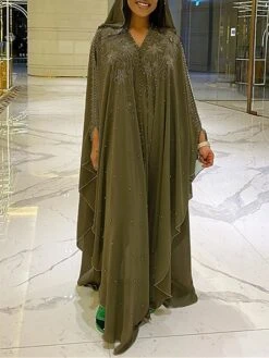 Women‘s Plus Size Curve Casual Dress Shift Dress Kaftan Dress Floral Long Dress Maxi Dress Long Sleeve Layered Hooded Elegant Outdoor Green Summer Spring One Size -HAYz Clothing Shop ekmtbr1680240769083