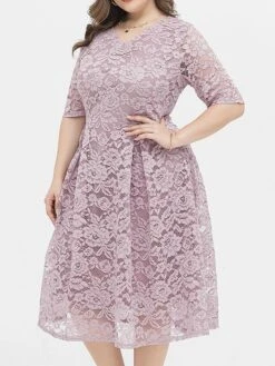 Women‘s Plus Size Curve Party Dress Lace Dress Cocktail Dress Midi Dress Black Pink Wine Half Sleeve Pure Color Lace Summer Spring Fall V Neck Fashion Birthday Wedding Guest Vacation 2023 -HAYz Clothing Shop ekqgvl1691564486721