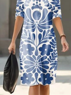 Women's Shirt Dress Casual Dress Cotton Linen Dress Midi Dress Polyester Fashion Casual Daily Outdoor Daily Vacation Crew Neck Button Print 3/4 Length Sleeve Summer Spring Fall 2023 Loose Fit Blue -HAYz Clothing Shop ekrjlk1692266800693
