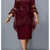 Women's Plus Size Curve Wedding Guest Dress Lace Party Dress Crew Neck Print 3/4 Length Sleeve Mother Dress Spring Fall Dress Elegant Formal Midi Dress Party Cocktail Dress