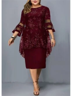 Women's Plus Size Curve Wedding Guest Dress Lace Party Dress Crew Neck Print 3/4 Length Sleeve Mother Dress Spring Fall Dress Elegant Formal Midi Dress Party Cocktail Dress