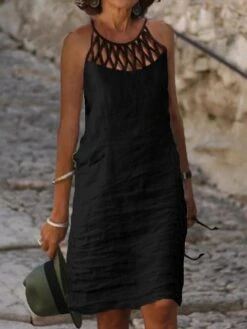 Women's Casual Dress Cotton Linen Dress Shift Dress Mini Dress Cotton Blend Modern Casual Outdoor Daily Vacation Halter Ruched Hollow Out Sleeveless Summer Spring 2023 Regular Fit Black White Blue -HAYz Clothing Shop ekxiqm1680261159330