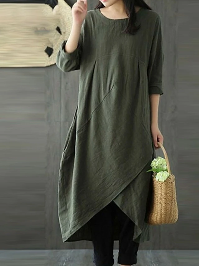 Women's Cotton Linen Dress Casual Dress Shift Dress Maxi Long Dress Cotton Blend Casual Winter Dress Daily Going Out Crew Neck Pocket Layered Long Sleeve Summer Spring Fall 2023 Loose Fit Black Green 6 Women's Cotton Linen Dress Casual Dress Shift Dress Maxi Long Dress Cotton Blend Casual Winter Dress Daily Going Out Crew Neck Pocket Layered Long Sleeve Summer Spring Fall 2023 Loose Fit Black Green - Image 6