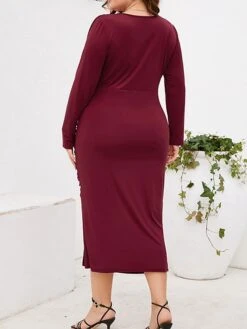Women‘s Plus Size Curve Work Dress Sheath Dress Semi Formal Dress Fashion Midi Dress Ruched Split V Neck Long Sleeve Plain Regular Fit Black Wine Purple Fall Winter L XL XXL 3XL 4XL -HAYz Clothing Shop elkcxc1691401369424