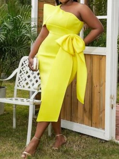 Women's Plus Size Curve Party Dress Cocktail Dress Bodycon Plain Midi Dress Short Sleeve Ruffle Bow One Shoulder Fashion Party Yellow Pink Fall Winter XL XXL 3XL 4XL -HAYz Clothing Shop ellitd1694425976014