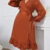 Women's Plus Size Curve Party Dress Wedding Guest Dress Semi Formal Dress Midi Dress Brown Long Sleeve Pure Color Ruffle Spring Fall Winter V Neck Fashion Winter Dress Office Evening Party XL XXL 3XL