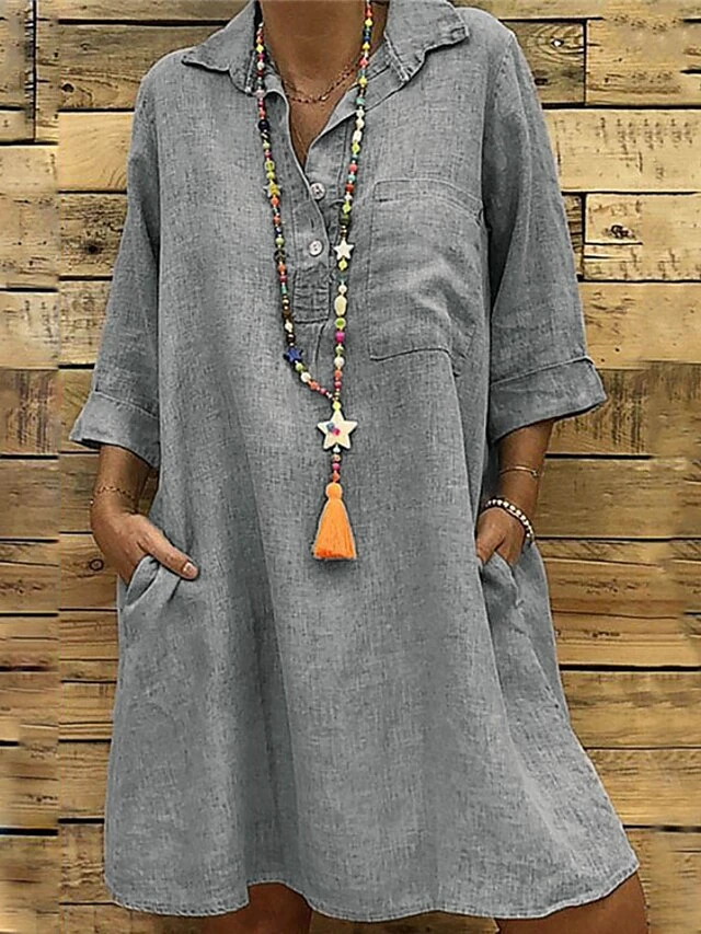 Women's Shirt Dress Cotton Linen Dress Shift Dress Mini Dress Cotton And Linen Daily Vacation Shirt Collar Pocket 3/4 Length Sleeve Summer Spring Fall 2023 Loose Fit Black Pink Green Pure Color S M L 2 Women's Shirt Dress Cotton Linen Dress Shift Dress Mini Dress Cotton And Linen Daily Vacation Shirt Collar Pocket 3/4 Length Sleeve Summer Spring Fall 2023 Loose Fit Black Pink Green Pure Color S M L - Image 2