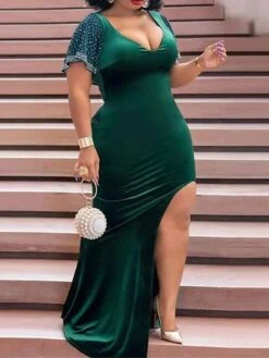 Women's Plus Size Curve Party Dress Velvet Dress Sheath Dress Plain Long Dress Maxi Dress Short Sleeve Split V Neck Fashion Party Red Green Fall Winter XL XXL 3XL 4XL 5XL -HAYz Clothing Shop elzyya1694151475222