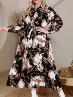 Women's Plus Size Curve Work Dress Swing Dress Semi Formal Dress Fashion Midi Dress Lace Up Button Shirt Collar Long Sleeve Floral Loose Fit Black Fall Winter L XL XXL 3XL 4XL