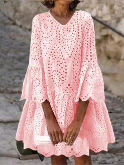 Women's Casual Dress Cotton Linen Dress Swing Dress Mini Dress Cotton Blend Fashion Basic Outdoor Daily Vacation V Neck Ruffle Hollow Out 3/4 Length Sleeve Summer Spring Fall 2023 Loose Fit Light -HAYz Clothing Shop emfbux1682427102195