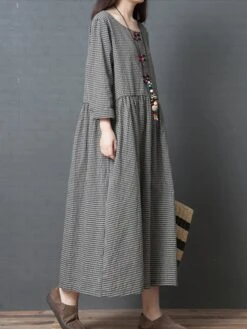 Women's Casual Dress Swing Dress A Line Dress Long Dress Maxi Dress Cotton Basic Casual Outdoor Daily Weekend Crew Neck Pocket Long Sleeve Spring Fall Loose Fit Black Plaid M L XL XXL -HAYz Clothing Shop emhjls1672995447841