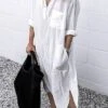 Women‘s Casual Dress Cotton Dress Shirt Dress Swing Dress Midi Dress Blue Yellow Red Long Sleeve Pure Color Pocket Summer Fall Spring Shirt Collar Basic Daily Weekend Loose Fit 2023 S M L XL XXL 3XL