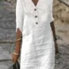 Women's Cotton Linen Dress Casual Dress Shift Dress Midi Dress Cotton Blend Fashion Modern Outdoor Daily Vacation Shirt Collar Button Half Sleeve Summer Spring 2023 Regular Fit White Blue Green Plain