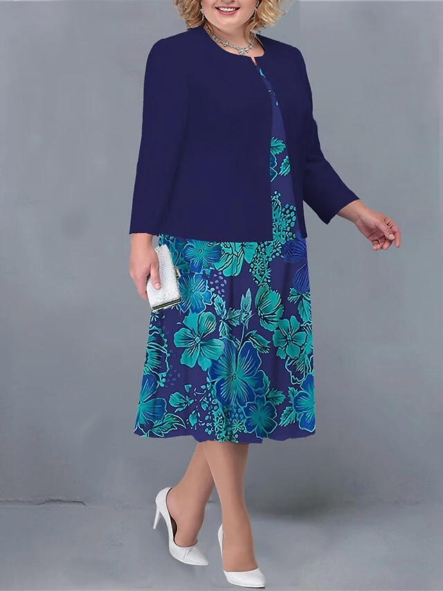 Women's Plus Size Two Piece Dress Set Casual Dress Print Dress Outdoor Office Fashion Streetwear Print Midi Dress Crew Neck Long Sleeve Floral Regular Fit Dark Brown Navy Blue Brown Fall Winter L XL 3 Women's Plus Size Two Piece Dress Set Casual Dress Print Dress Outdoor Office Fashion Streetwear Print Midi Dress Crew Neck Long Sleeve Floral Regular Fit Dark Brown Navy Blue Brown Fall Winter L XL - Image 3