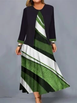Women's Plus Size Curve Casual Dress Dress Set Two Piece Dress Geometric Color Block Midi Dress Long Sleeve Print Crew Neck Fashion Outdoor Blue Green Fall Winter L XL XXL 3XL 4XL