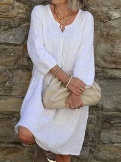 Women's Casual Dress Cotton Linen Dress Shift Dress Midi Dress Cotton Blend Basic Modern Outdoor Daily Vacation V Neck Ruched Basic 3/4 Length Sleeve Summer Spring Fall 2023 Loose Fit White Pink Red