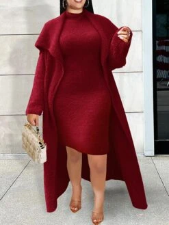 Women's Two Piece Dress Set Casual Dress Sheath Dress Daily Going Out Fashion Streetwear Lace Up Midi Dress Stand Collar Long Sleeve Plain Slim Black Yellow Wine Fall Winter S M L XL XXL