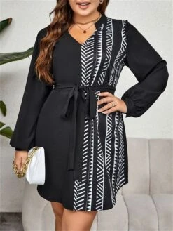 Women's Plus Size Curve Casual Dress Sheath Dress Black Dress Geometric Midi Dress Long Sleeve Drawstring Print V Neck Fashion Outdoor Black Fall Winter XL XXL 3XL 4XL -HAYz Clothing Shop eofxos1695024245261
