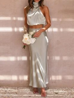 Women's Two Piece Dress Set Casual Dress Skirt Set Daily Holiday Fashion Sexy Ruched Long Dress Maxi Dress Stand Collar Sleeveless Plain Regular Fit Black White Light Green Summer Spring S M L XL -HAYz Clothing Shop eombhg1690857201707