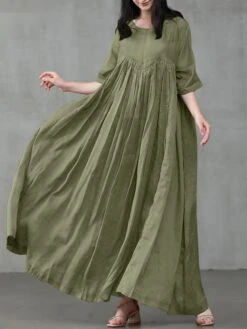 Women's Casual Dress Cotton Linen Dress Swing Dress Long Dress Maxi Dress Black Pink Green Short Sleeve Pure Color Ruched Spring Fall Autumn Crew Neck Elegant Vacation Loose Fit 2022 S M L XL XXL 3XL