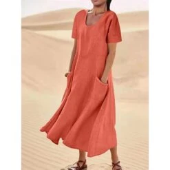 Women's Casual Dress Cotton Linen Dress Swing Dress Maxi Long Dress Linen Cotton Blend Fashion Classic Outdoor Daily Vacation Crew Neck Pocket Short Sleeve Summer Spring 2023 Loose Fit Black Pink Sky -HAYz Clothing Shop eosfgl1681376494826