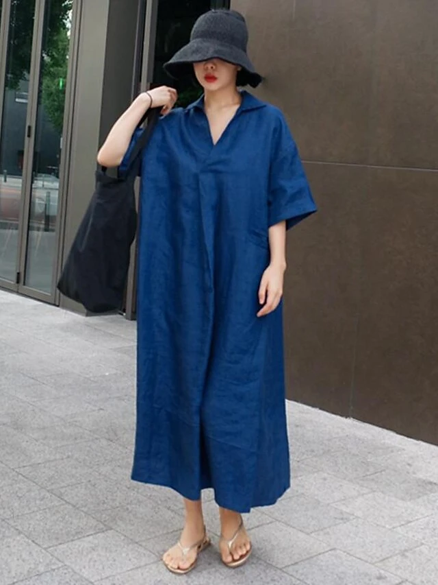 Women's Casual Dress Cotton Dress Swing Dress Cotton Blend Fashion Daily Date Vacation Weekend V Neck Baggy Short Sleeve White Navy Blue Khaki S M L XL 2XL 3 Women's Casual Dress Cotton Dress Swing Dress Cotton Blend Fashion Daily Date Vacation Weekend V Neck Baggy Short Sleeve White Navy Blue Khaki S M L XL 2XL - Image 3