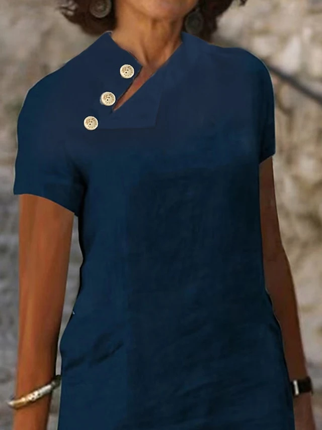 Women's Casual Dress Cotton Linen Dress Shift Dress Midi Dress Cotton Blend Fashion Casual Outdoor Daily Vacation Stand Collar Button Print Short Sleeve Summer Spring 2023 Regular Fit Navy Blue Leaf 2 Women's Casual Dress Cotton Linen Dress Shift Dress Midi Dress Cotton Blend Fashion Casual Outdoor Daily Vacation Stand Collar Button Print Short Sleeve Summer Spring 2023 Regular Fit Navy Blue Leaf - Image 2