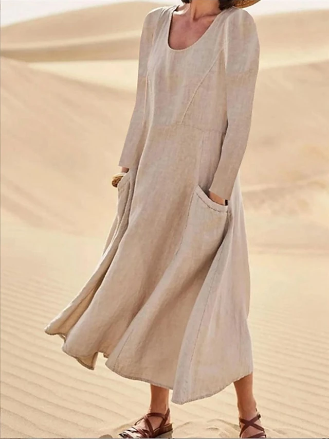 Women's Casual Dress Cotton Linen Dress Swing Dress Maxi Long Dress Linen Cotton Blend Classic Casual Winter Dress Daily Weekend Crew Neck Pocket Long Sleeve Summer Spring Fall 2023 Loose Fit Black 4 Women's Casual Dress Cotton Linen Dress Swing Dress Maxi Long Dress Linen Cotton Blend Classic Casual Winter Dress Daily Weekend Crew Neck Pocket Long Sleeve Summer Spring Fall 2023 Loose Fit Black - Image 4