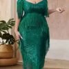 Women‘s Plus Size Curve Party Dress Solid Color V Neck Sequins Short Sleeve Spring Fall Sequins Prom Dress Maxi Long Dress Party Daily Dress Sequin Dress Tassel Fringe Split