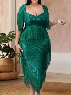 Women‘s Plus Size Curve Party Dress Solid Color V Neck Sequins Short Sleeve Spring Fall Sequins Prom Dress Maxi Long Dress Party Daily Dress Sequin Dress Tassel Fringe Split