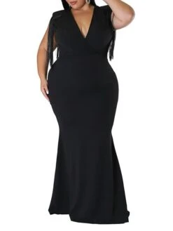 Women‘s Plus Size Curve Party Dress Solid Color V Neck Tassel Fringe Sleeveless Spring Summer Formal Maxi Long Dress Party Date Dress -HAYz Clothing Shop epyzoi1659936864939