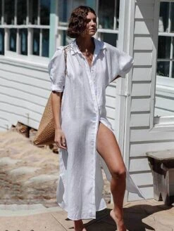 Women's Shirt Dress Casual Dress Cotton Dress Cotton Blend Fashion Daily Holiday Weekend Beaches V Neck Button Baggy Long Sleeve White One-Size -HAYz Clothing Shop eqeqlr1690547337358