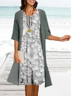 Women's Two Piece Dress Set Casual Dress Print Dress Outdoor Daily Fashion Elegant Print Midi Dress Crew Neck 3/4 Length Sleeve Floral Regular Fit Light Green Light Purple Green Summer Spring S M L -HAYz Clothing Shop eqircz1684477264720